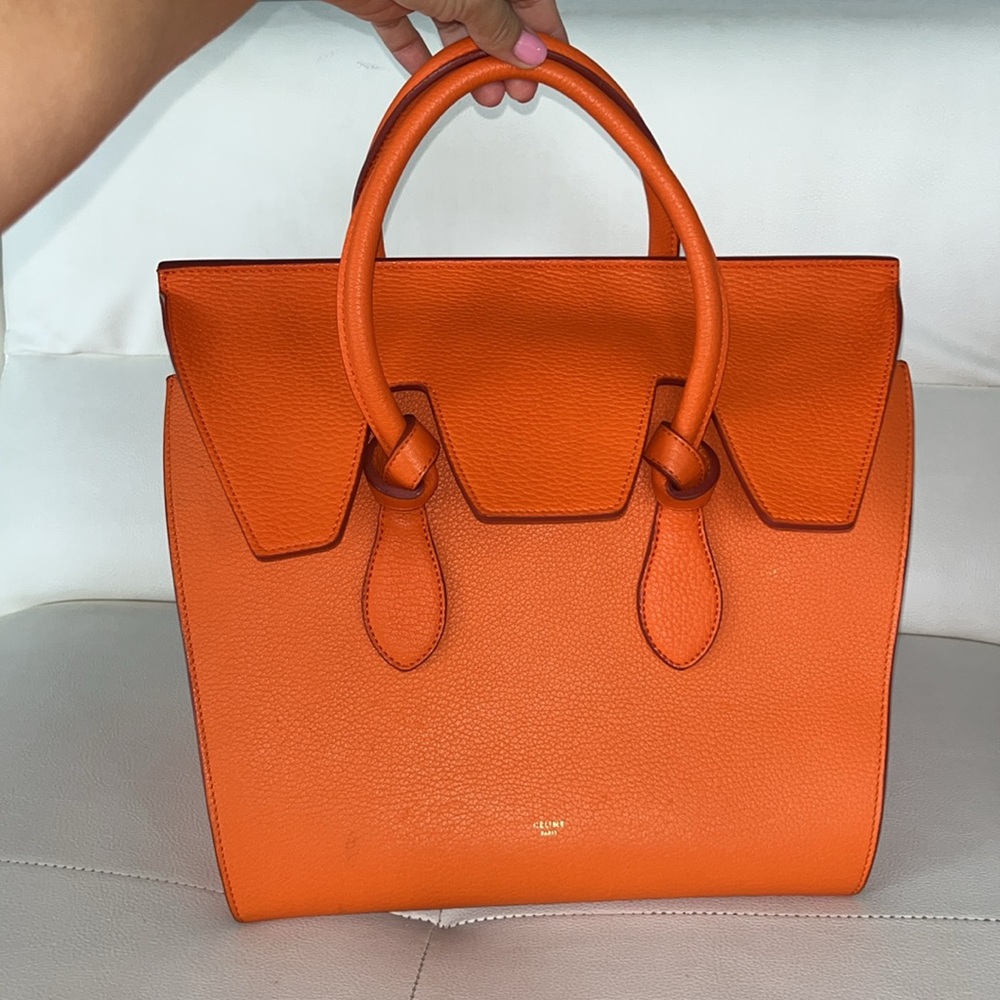 Celine Burnt Orange Pebbled calfskin leather tie tote bag